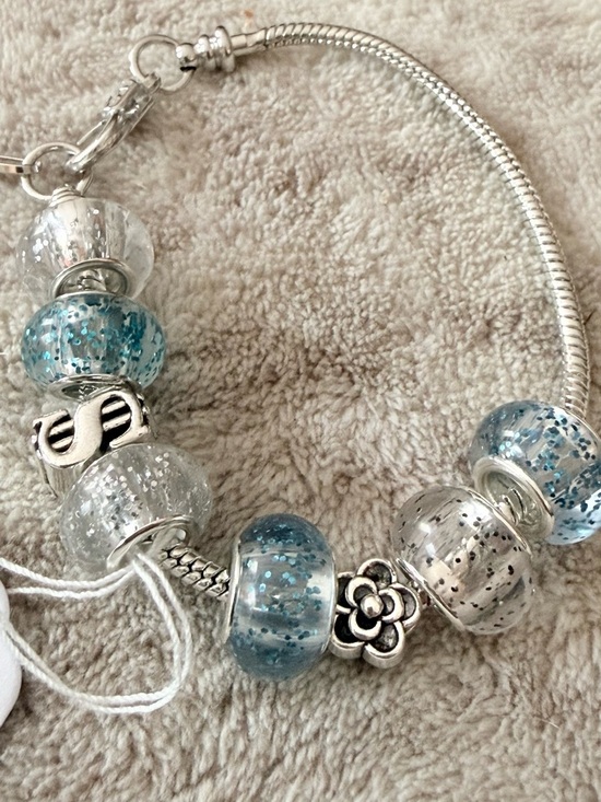 Jewelry - Silver Charm Adjustable Bracelet with Blue and Clear Sparkle Glass Beads